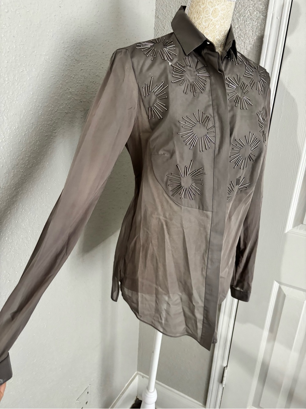 Akris Punto Taupe Embellished Button-Down Shirt - Picture 4 of 15